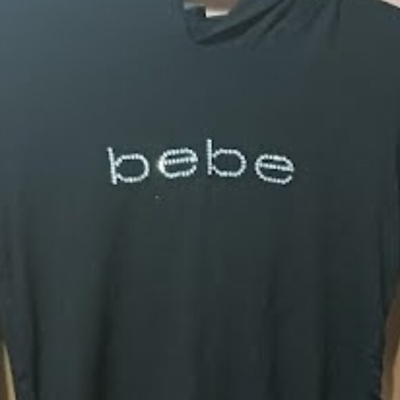 BEBE Long Sleeve Ruched Hooded Black Shirt with Rhinestone Logo, Sz M, Used - Picture 2 of 8